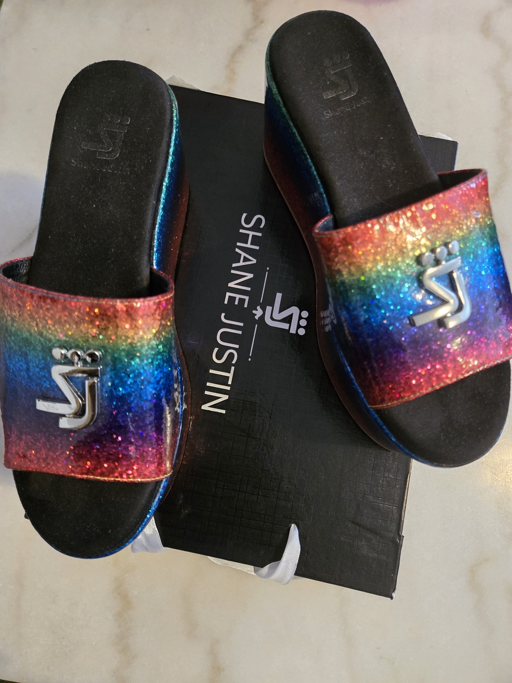 Shane Justin Women's Rainbow Glitter Slide Sandals